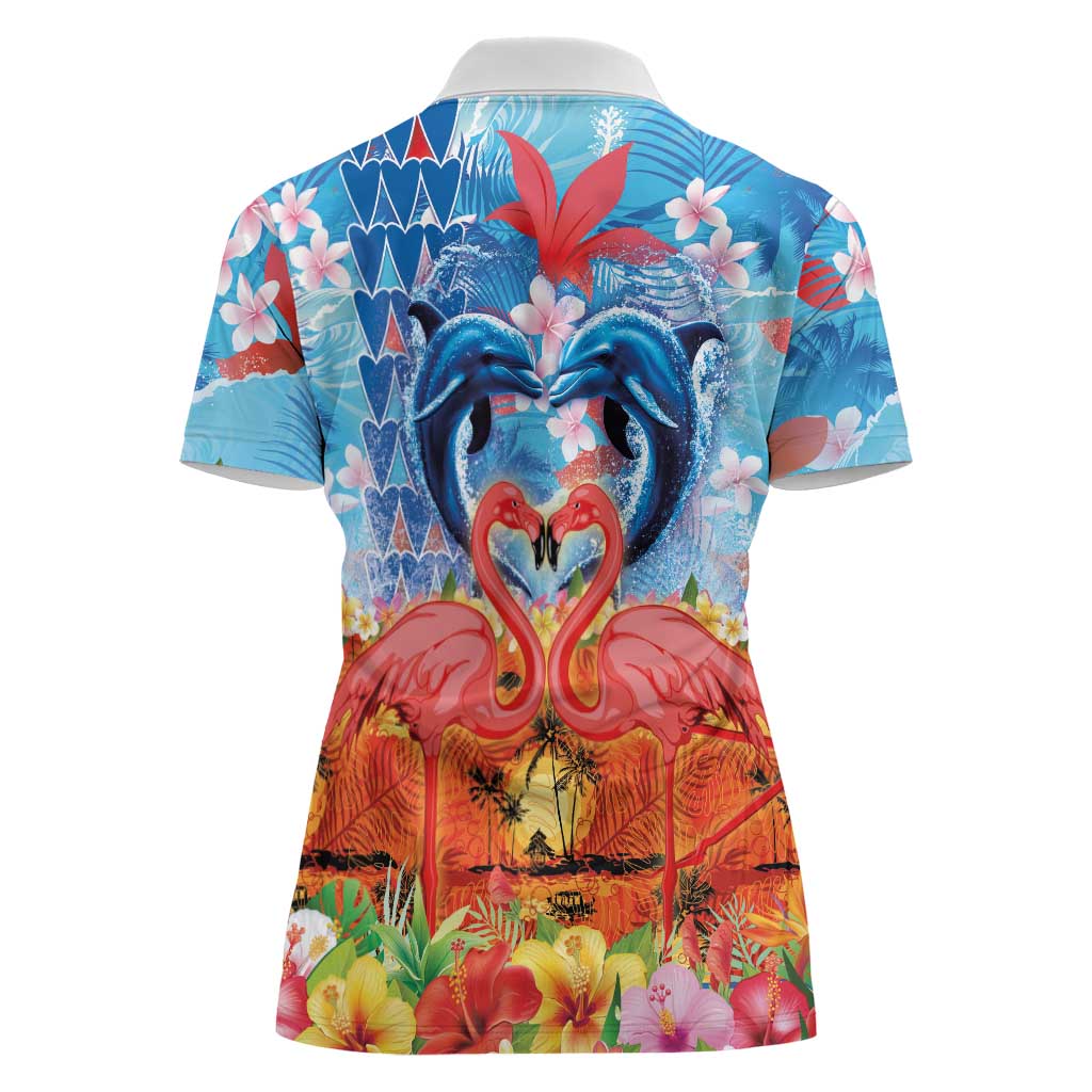 Hawaiian Love-Couple Dolphins and Flamingos Women Polo Shirt LT03 - Polynesian Pride
