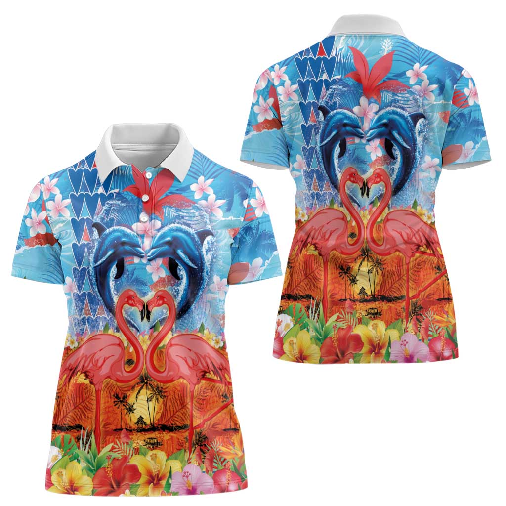 Hawaiian Love-Couple Dolphins and Flamingos Women Polo Shirt LT03 - Polynesian Pride