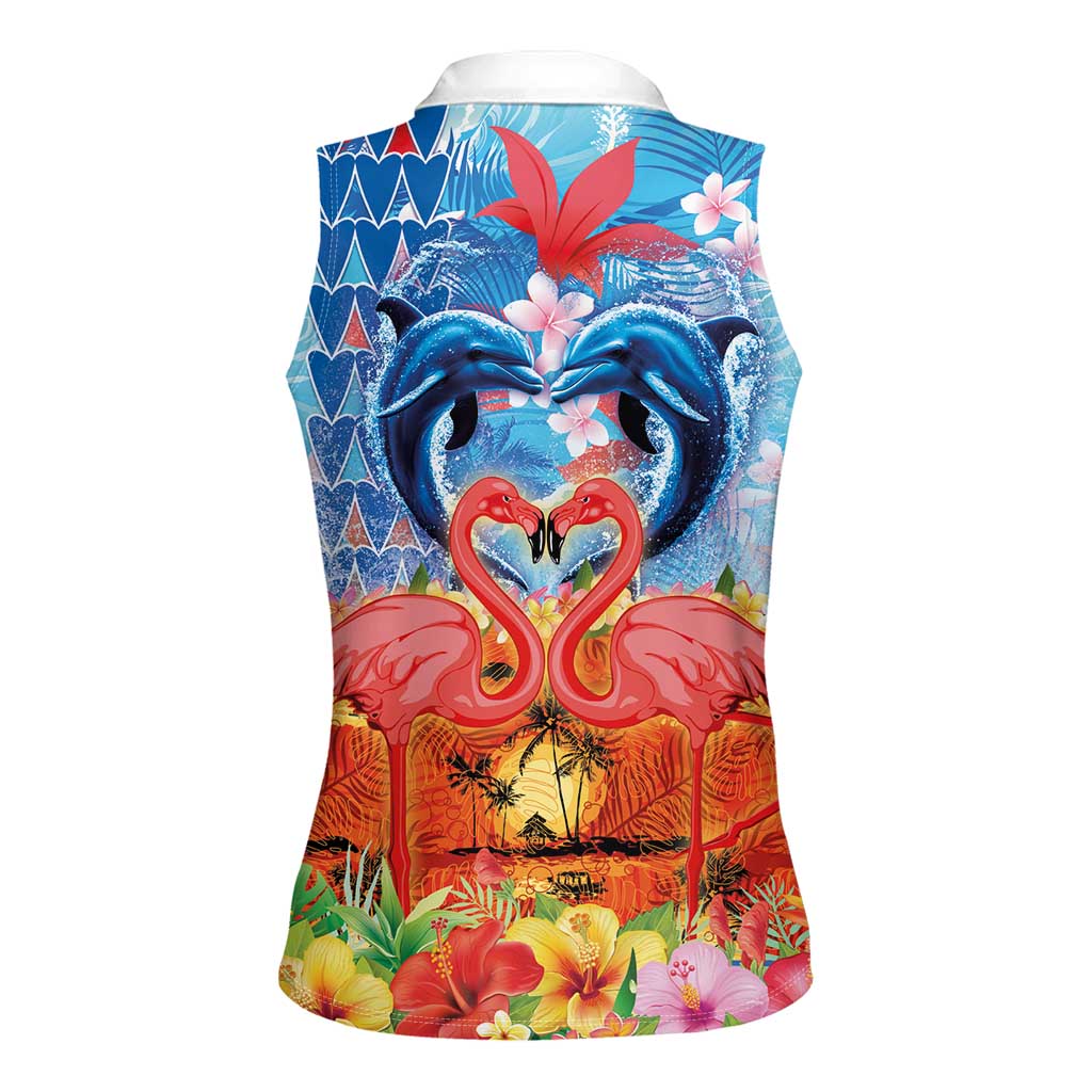 Hawaiian Love-Couple Dolphins and Flamingos Women Sleeveless Polo Shirt LT03 - Polynesian Pride