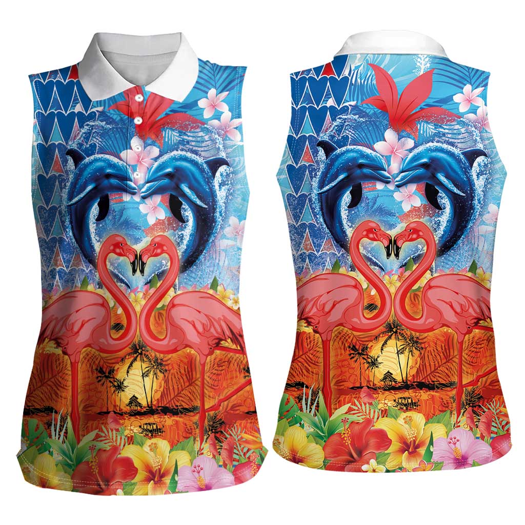 Hawaiian Love-Couple Dolphins and Flamingos Women Sleeveless Polo Shirt LT03 - Polynesian Pride