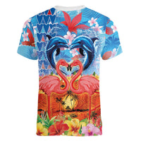 Hawaiian Love-Couple Dolphins and Flamingos Women V-Neck T-Shirt LT03 - Polynesian Pride