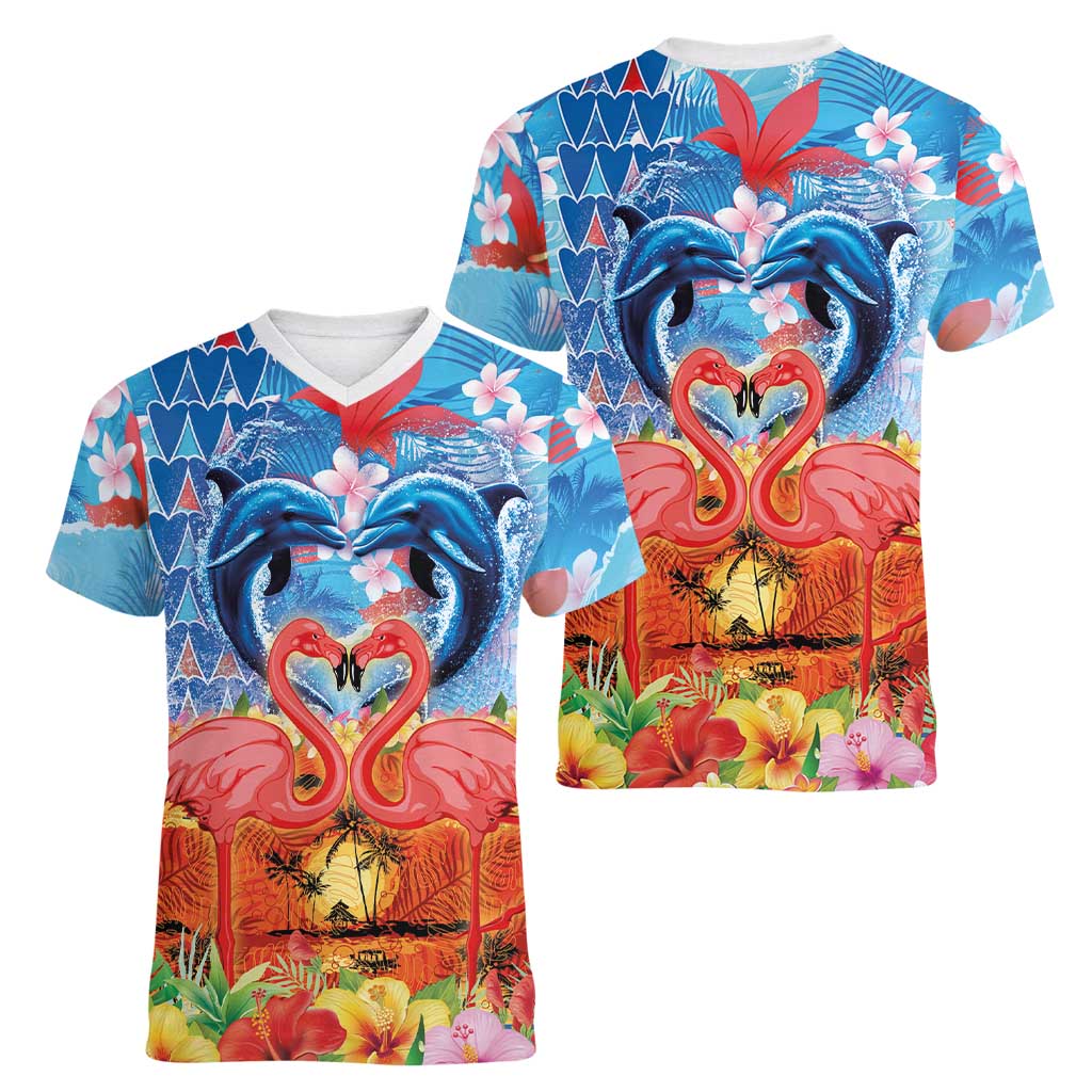 Hawaiian Love-Couple Dolphins and Flamingos Women V-Neck T-Shirt LT03 - Polynesian Pride