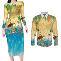 Hawaiian Alohawaii Couples Matching Long Sleeve Bodycon Dress and Long Sleeve Button Shirt Tropical Plants and Animals on The Beach LT03 Multicolor - Polynesian Pride