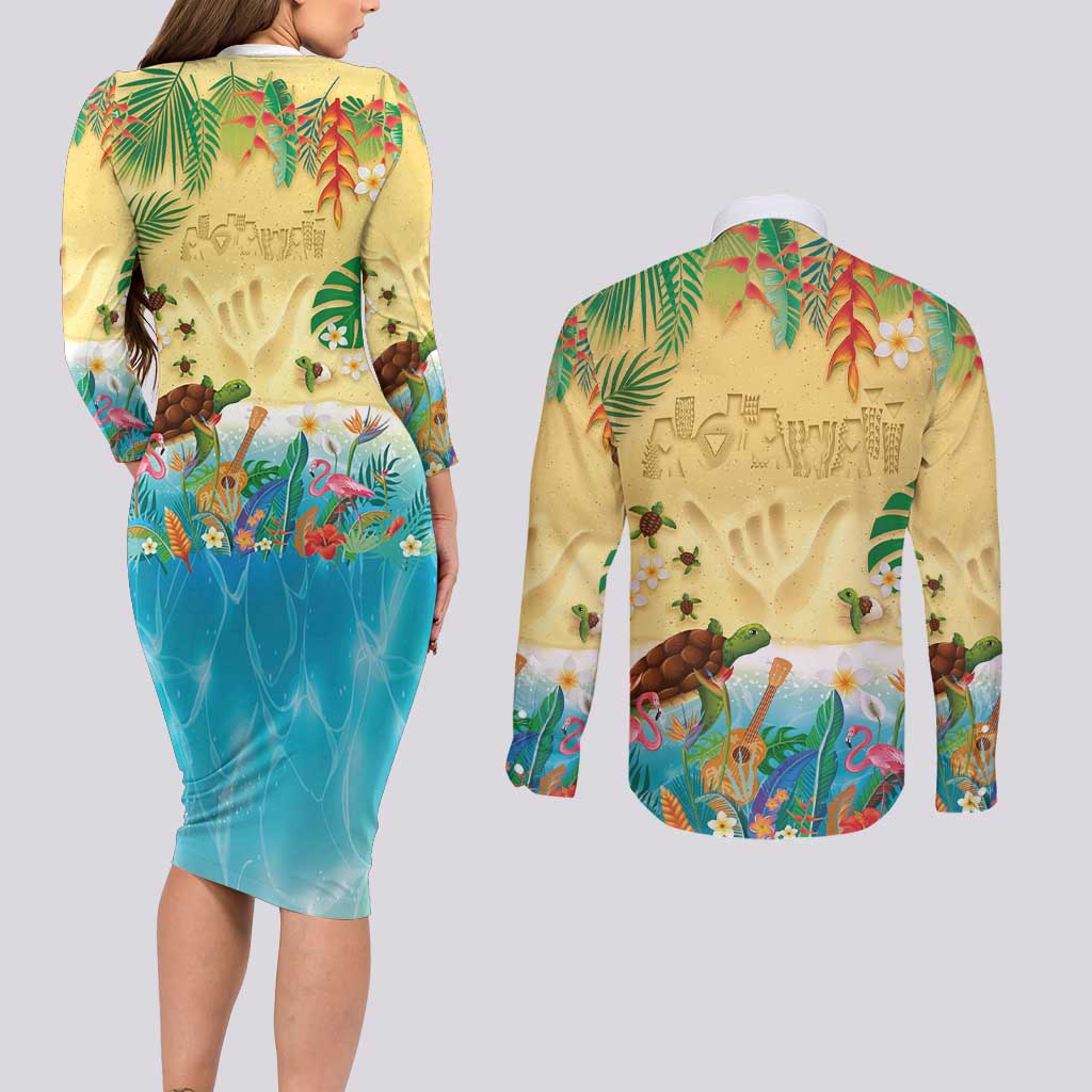 Hawaiian Alohawaii Couples Matching Long Sleeve Bodycon Dress and Long Sleeve Button Shirt Tropical Plants and Animals on The Beach LT03 - Polynesian Pride