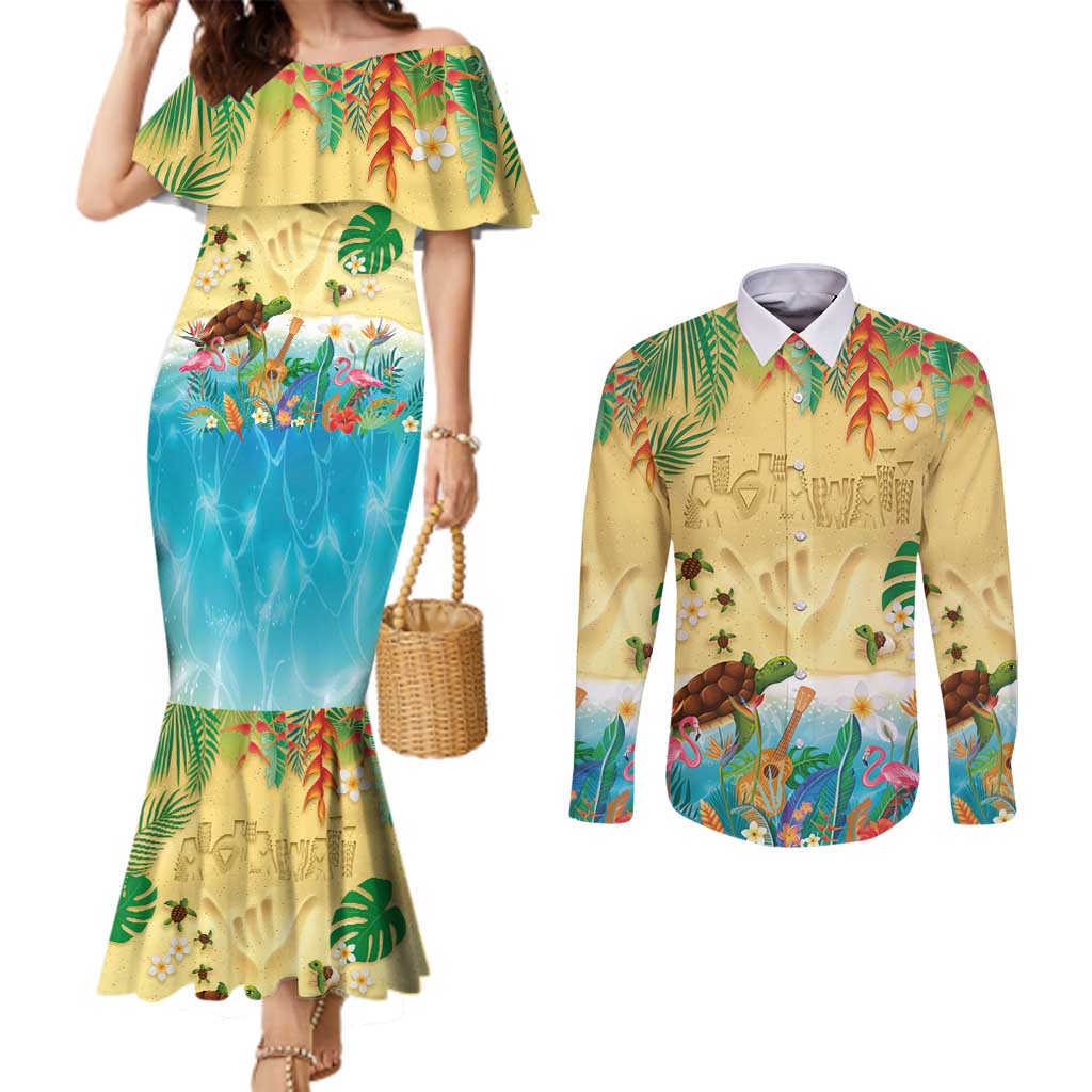 Hawaiian Alohawaii Couples Matching Mermaid Dress and Long Sleeve Button Shirt Tropical Plants and Animals on The Beach LT03 Multicolor - Polynesian Pride