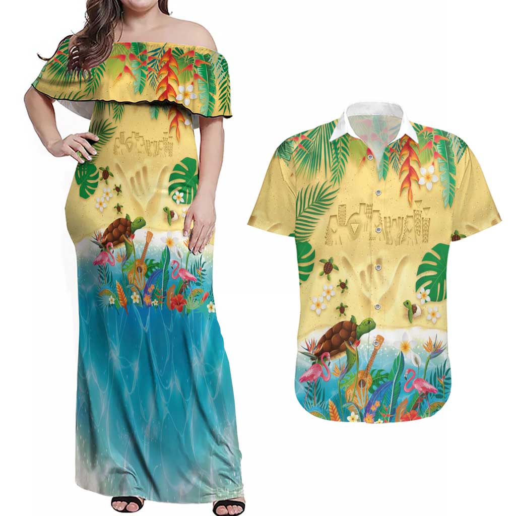 Hawaiian Alohawaii Couples Matching Off Shoulder Maxi Dress and Hawaiian Shirt Tropical Plants and Animals on The Beach LT03 Multicolor - Polynesian Pride