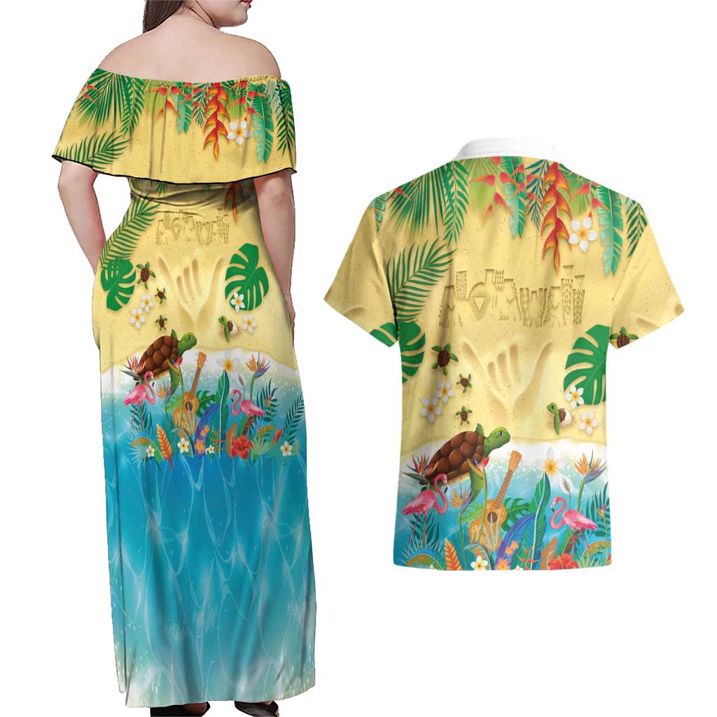 Hawaiian Alohawaii Couples Matching Off Shoulder Maxi Dress and Hawaiian Shirt Tropical Plants and Animals on The Beach LT03 - Polynesian Pride
