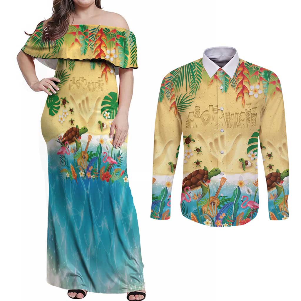 Hawaiian Alohawaii Couples Matching Off Shoulder Maxi Dress and Long Sleeve Button Shirt Tropical Plants and Animals on The Beach LT03 Multicolor - Polynesian Pride