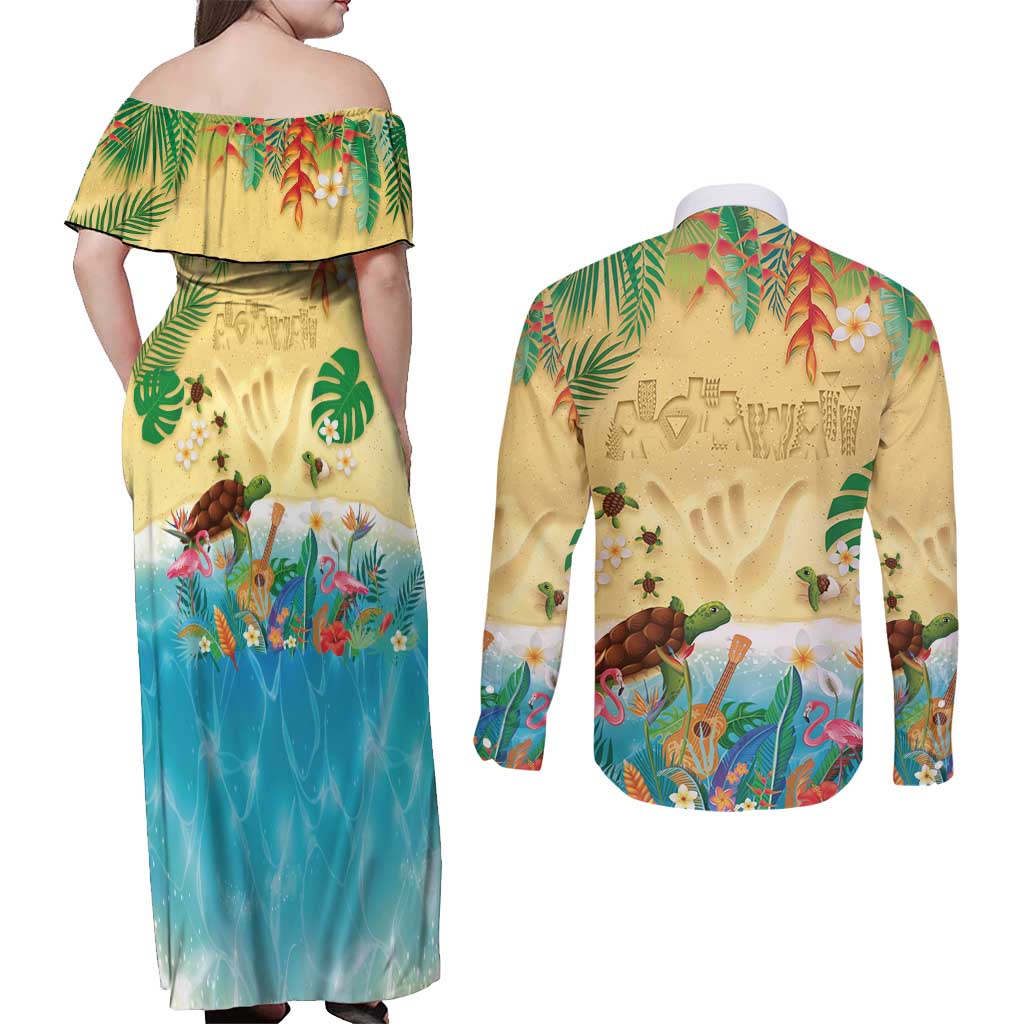 Hawaiian Alohawaii Couples Matching Off Shoulder Maxi Dress and Long Sleeve Button Shirt Tropical Plants and Animals on The Beach LT03 - Polynesian Pride
