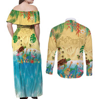 Hawaiian Alohawaii Couples Matching Off Shoulder Maxi Dress and Long Sleeve Button Shirt Tropical Plants and Animals on The Beach LT03 - Polynesian Pride