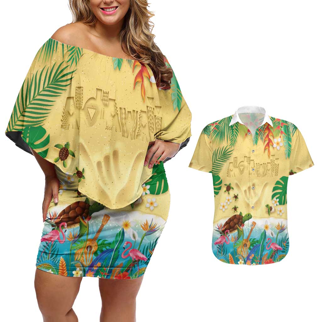 Hawaiian Alohawaii Couples Matching Off Shoulder Short Dress and Hawaiian Shirt Tropical Plants and Animals on The Beach LT03 Multicolor - Polynesian Pride