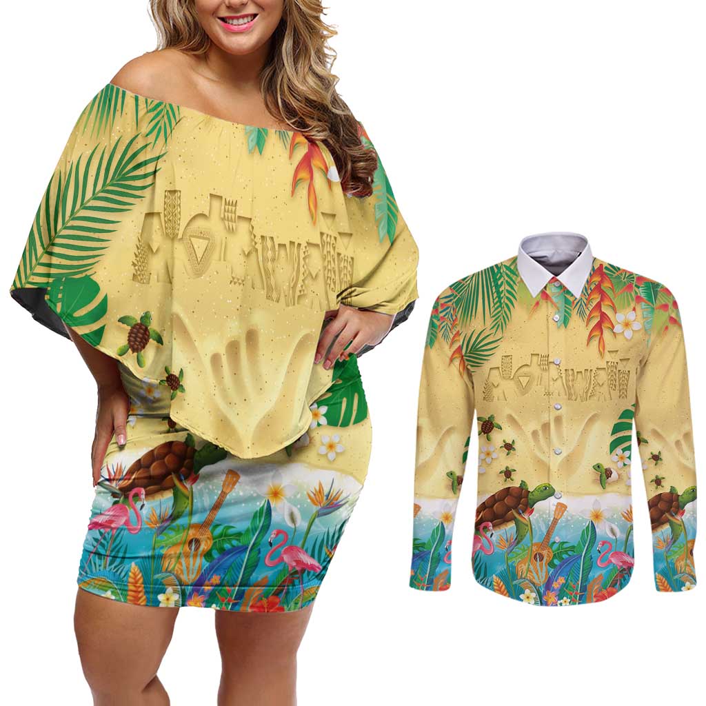 Hawaiian Alohawaii Couples Matching Off Shoulder Short Dress and Long Sleeve Button Shirt Tropical Plants and Animals on The Beach LT03 Multicolor - Polynesian Pride
