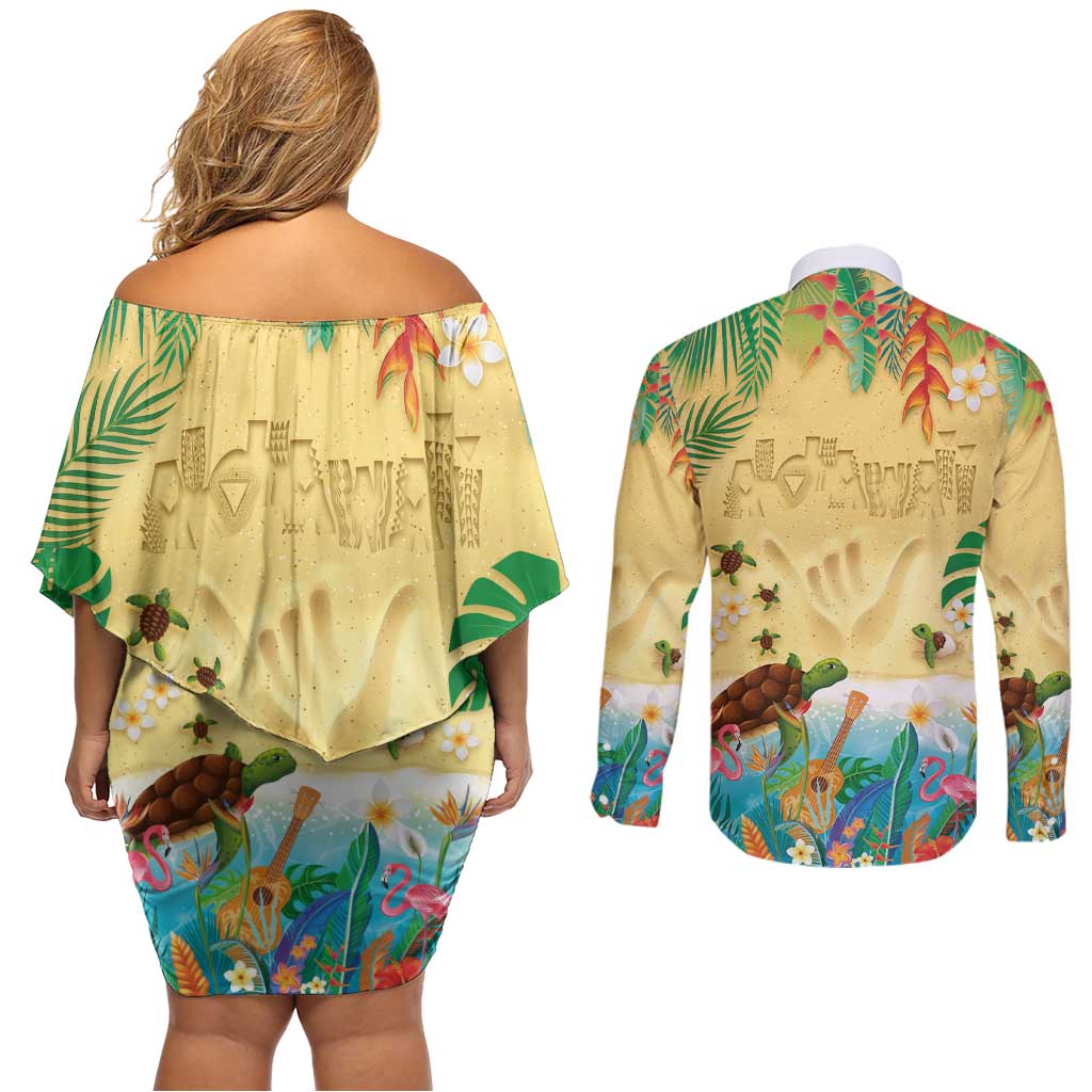 Hawaiian Alohawaii Couples Matching Off Shoulder Short Dress and Long Sleeve Button Shirt Tropical Plants and Animals on The Beach LT03 - Polynesian Pride
