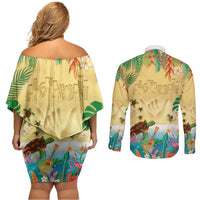 Hawaiian Alohawaii Couples Matching Off Shoulder Short Dress and Long Sleeve Button Shirt Tropical Plants and Animals on The Beach LT03 - Polynesian Pride
