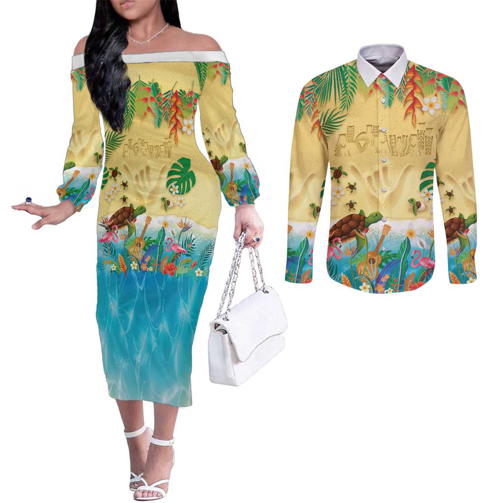 Hawaiian Alohawaii Couples Matching Off The Shoulder Long Sleeve Dress and Long Sleeve Button Shirt Tropical Plants and Animals on The Beach LT03 Multicolor - Polynesian Pride