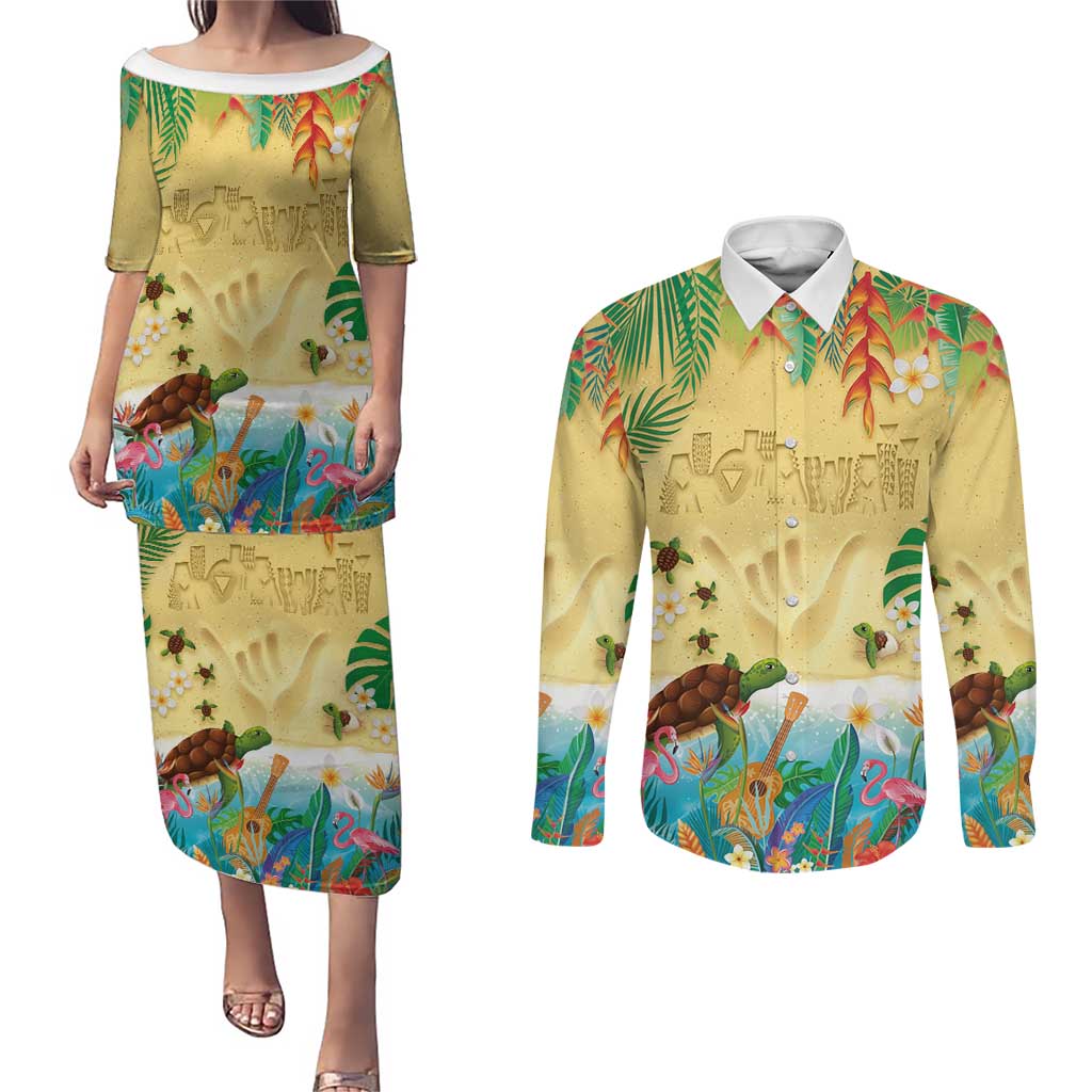 Hawaiian Alohawaii Couples Matching Puletasi and Long Sleeve Button Shirt Tropical Plants and Animals on The Beach LT03 Multicolor - Polynesian Pride