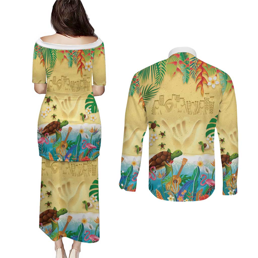 Hawaiian Alohawaii Couples Matching Puletasi and Long Sleeve Button Shirt Tropical Plants and Animals on The Beach LT03 - Polynesian Pride