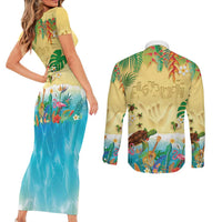 Hawaiian Alohawaii Couples Matching Short Sleeve Bodycon Dress and Long Sleeve Button Shirt Tropical Plants and Animals on The Beach LT03 - Polynesian Pride