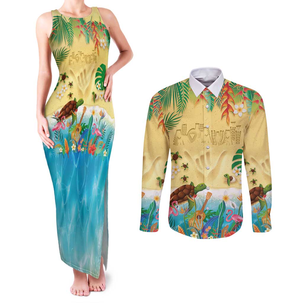 Hawaiian Alohawaii Couples Matching Tank Maxi Dress and Long Sleeve Button Shirt Tropical Plants and Animals on The Beach LT03 Multicolor - Polynesian Pride