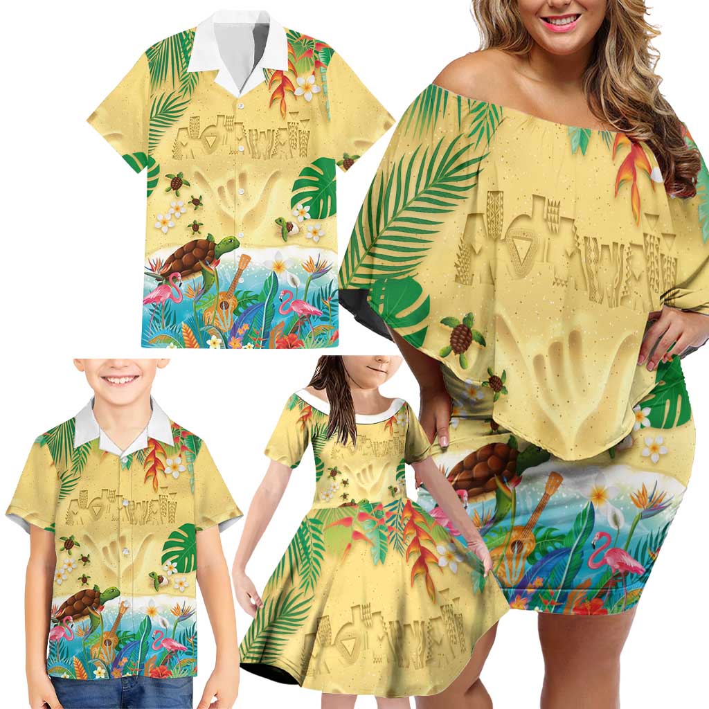 Hawaiian Alohawaii Family Matching Off Shoulder Short Dress and Hawaiian Shirt Tropical Plants and Animals on The Beach LT03 - Polynesian Pride