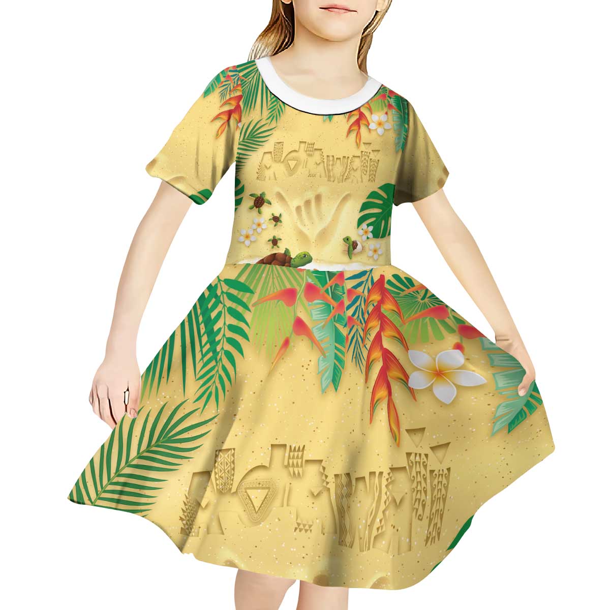 Hawaiian Alohawaii Kid Short Sleeve Dress Tropical Plants and Animals on The Beach - Polynesian Pride