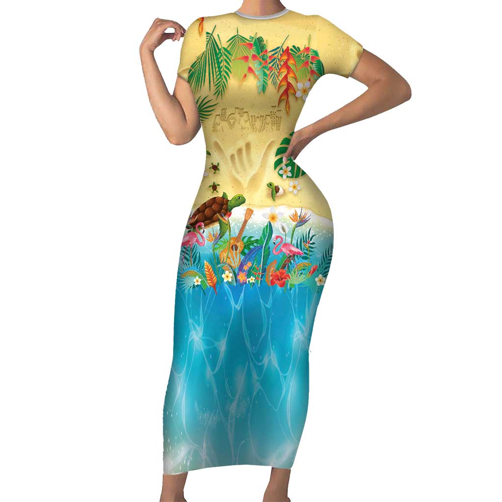 Hawaiian Alohawaii Short Sleeve Bodycon Dress Tropical Plants and Animals on The Beach LT03 Long Dress Multicolor - Polynesian Pride