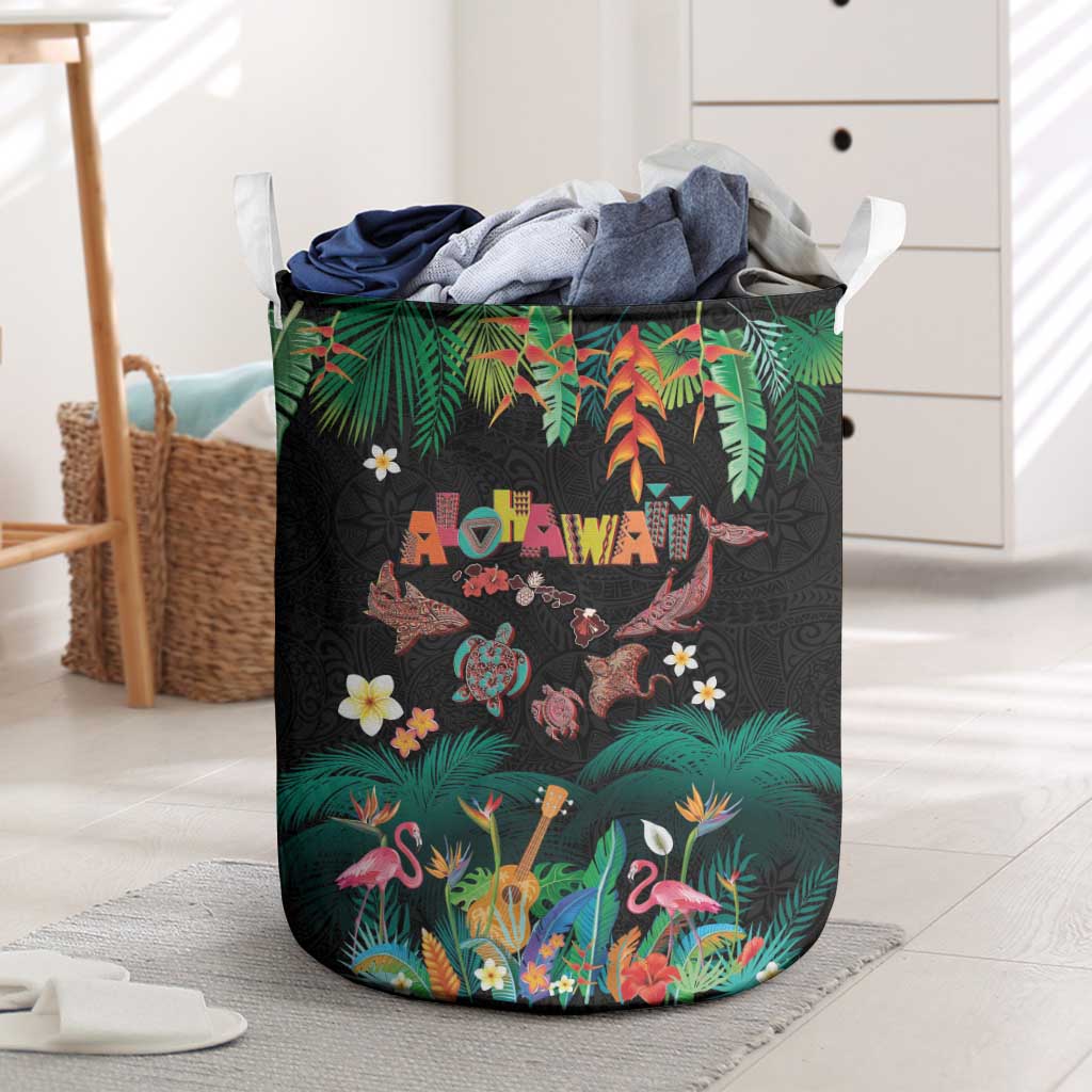 Hawaiian Alohawaii Laundry Basket Tribal Sea Animals Tattoo and Tropical Plants LT03 Black - Polynesian Pride