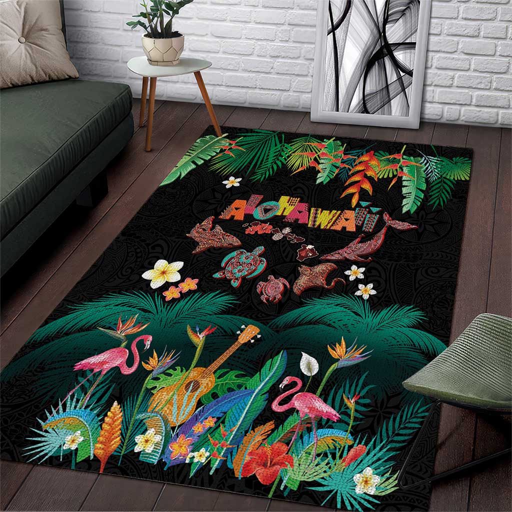 Hawaiian Alohawaii Area Rug Tribal Sea Animals Tattoo and Tropical Plants LT03 Black - Polynesian Pride