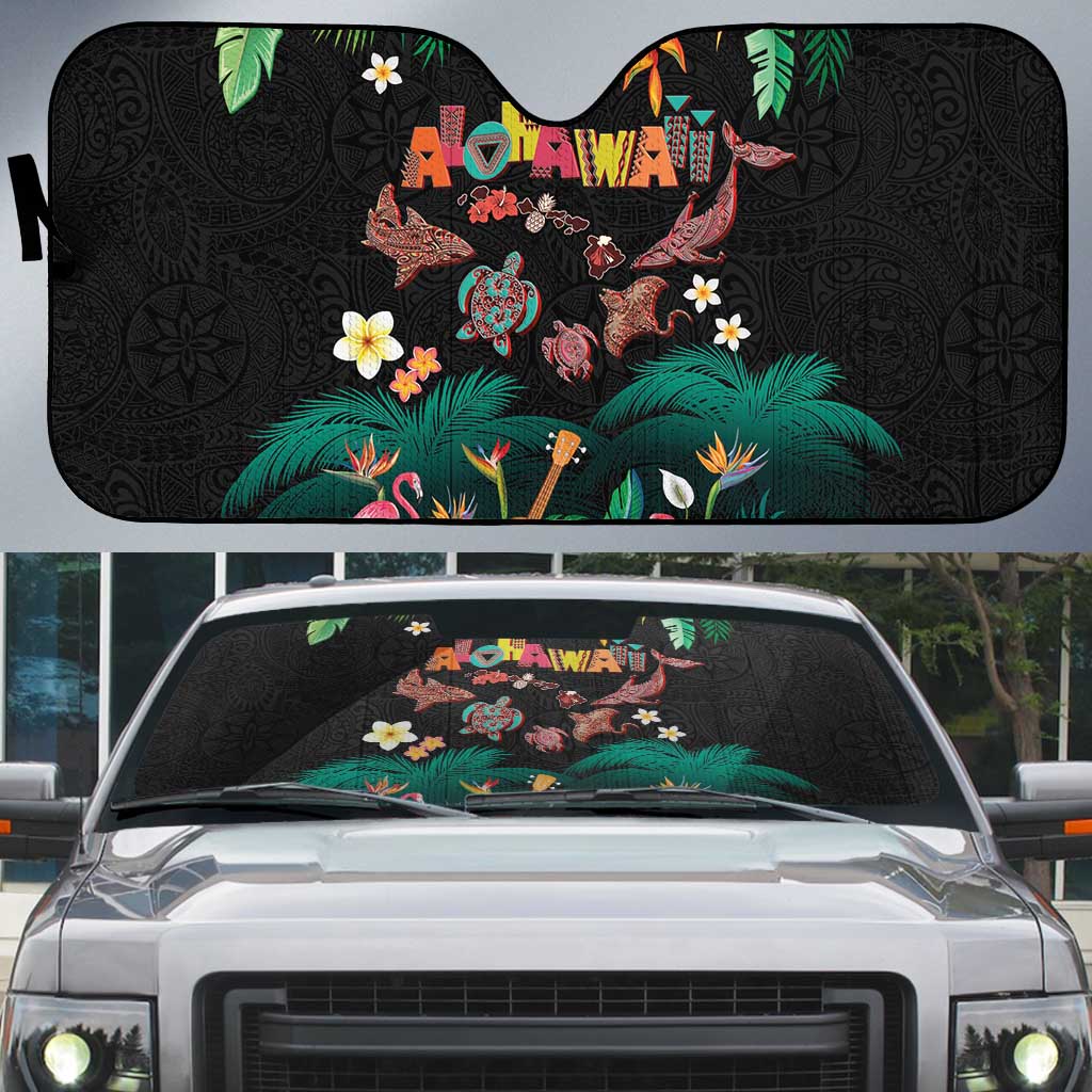 Hawaiian Alohawaii Auto Sun Shade Tribal Sea Animals Tattoo and Tropical Plants LT03 Black - Polynesian Pride