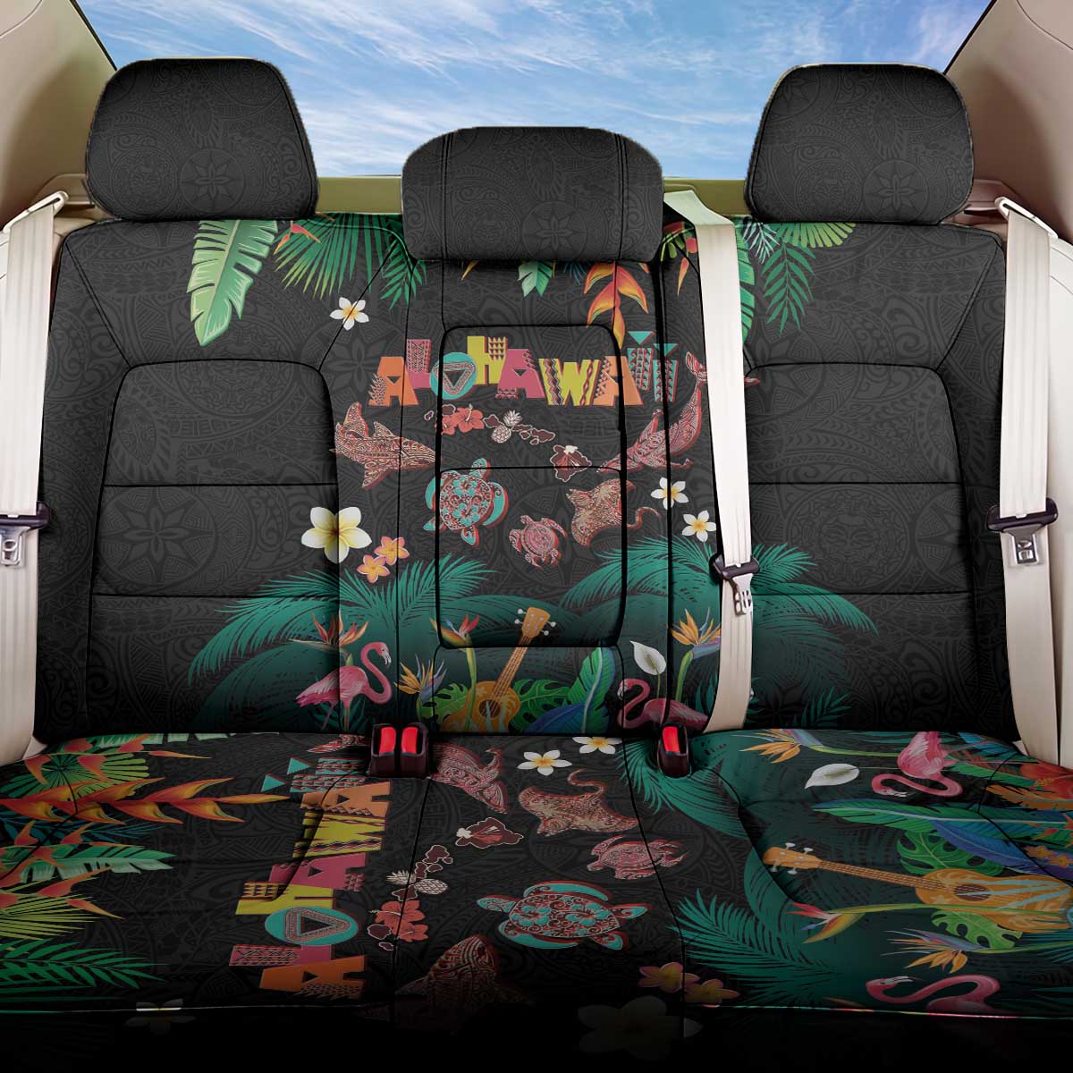 Hawaiian Alohawaii Back Car Seat Cover Tribal Sea Animals Tattoo and Tropical Plants LT03 One Size Black - Polynesian Pride