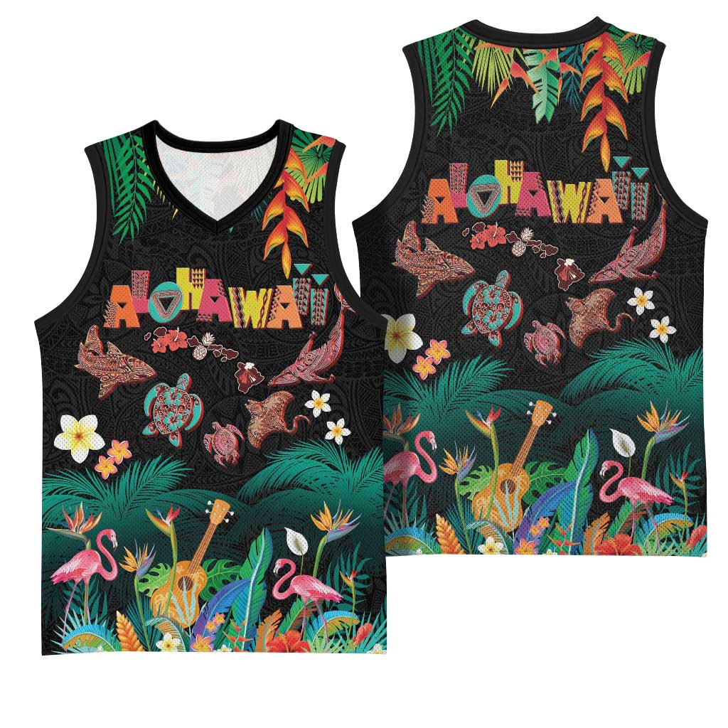 Hawaiian Alohawaii Basketball Jersey Tribal Sea Animals Tattoo and Tropical Plants LT03 - Polynesian Pride