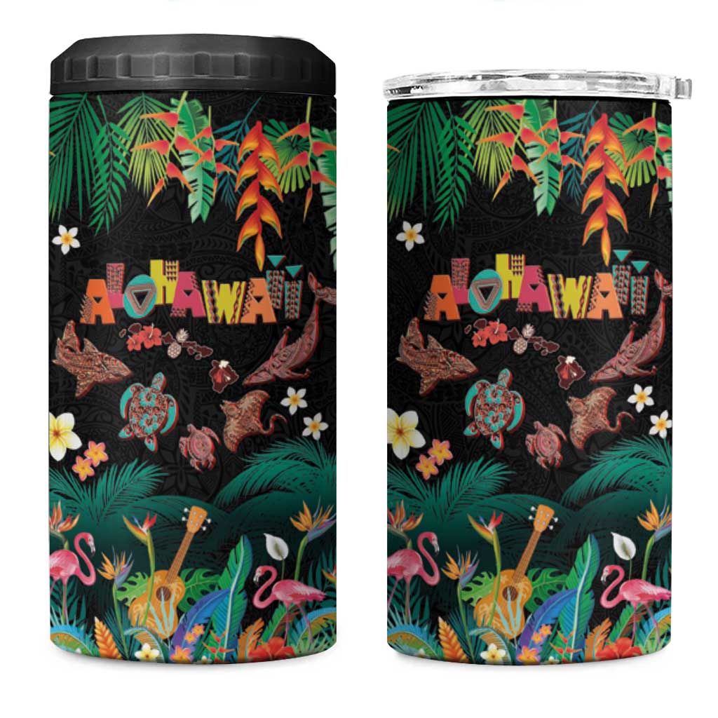 Hawaiian Alohawaii 4 in 1 Can Cooler Tumbler Tribal Sea Animals Tattoo and Tropical Plants LT03 One Size: 16 oz Black - Polynesian Pride