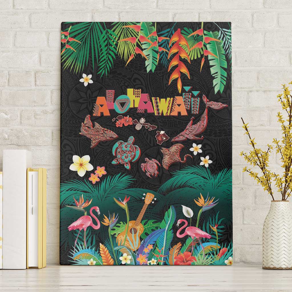 Hawaiian Alohawaii Canvas Wall Art Tribal Sea Animals Tattoo and Tropical Plants LT03 Without Frame Black - Polynesian Pride