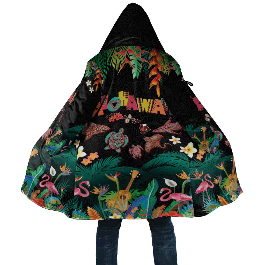 Hawaiian Alohawaii Cloak Tribal Sea Animals Tattoo and Tropical Plants LT03 Unisex Black - Polynesian Pride