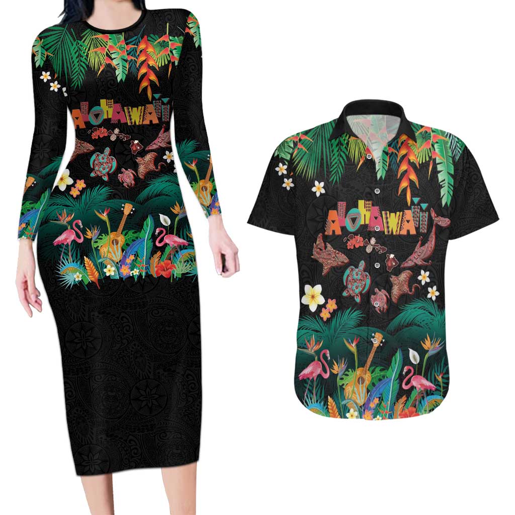 Hawaiian Alohawaii Couples Matching Long Sleeve Bodycon Dress and Hawaiian Shirt Tribal Sea Animals Tattoo and Tropical Plants LT03 Black - Polynesian Pride