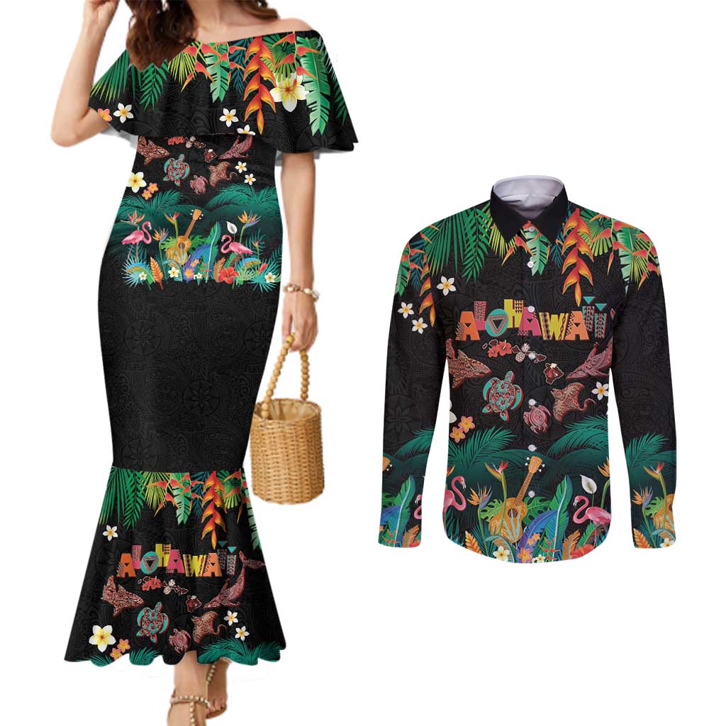 Hawaiian Alohawaii Couples Matching Mermaid Dress and Long Sleeve Button Shirt Tribal Sea Animals Tattoo and Tropical Plants LT03 Black - Polynesian Pride