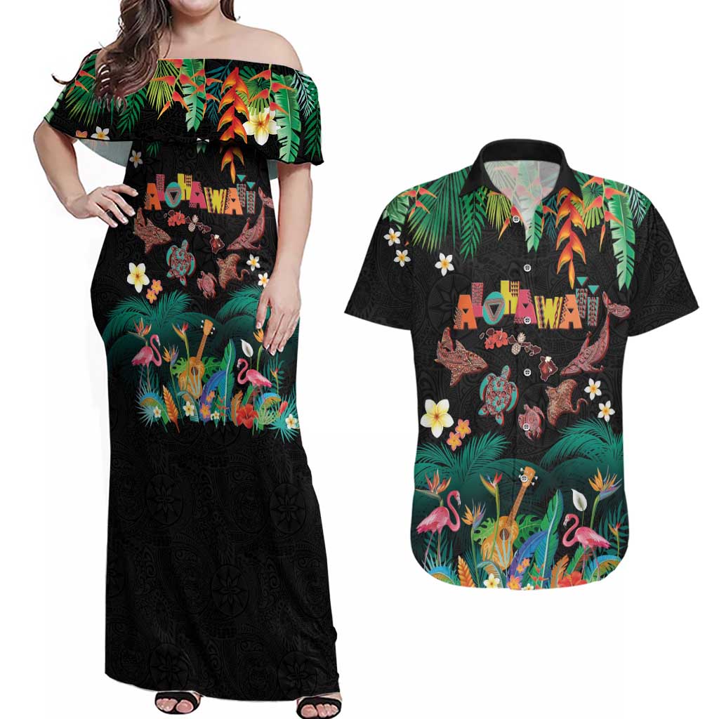 Hawaiian Alohawaii Couples Matching Off Shoulder Maxi Dress and Hawaiian Shirt Tribal Sea Animals Tattoo and Tropical Plants LT03 Black - Polynesian Pride