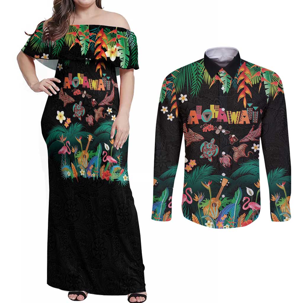 Hawaiian Alohawaii Couples Matching Off Shoulder Maxi Dress and Long Sleeve Button Shirt Tribal Sea Animals Tattoo and Tropical Plants LT03 Black - Polynesian Pride