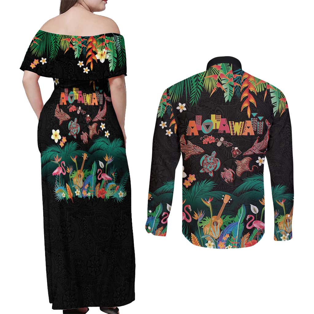 Hawaiian Alohawaii Couples Matching Off Shoulder Maxi Dress and Long Sleeve Button Shirt Tribal Sea Animals Tattoo and Tropical Plants LT03 - Polynesian Pride
