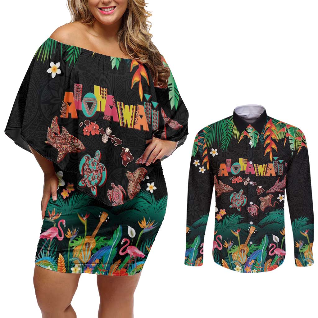 Hawaiian Alohawaii Couples Matching Off Shoulder Short Dress and Long Sleeve Button Shirt Tribal Sea Animals Tattoo and Tropical Plants LT03 Black - Polynesian Pride