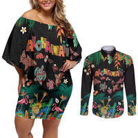 Hawaiian Alohawaii Couples Matching Off Shoulder Short Dress and Long Sleeve Button Shirt Tribal Sea Animals Tattoo and Tropical Plants LT03 Black - Polynesian Pride