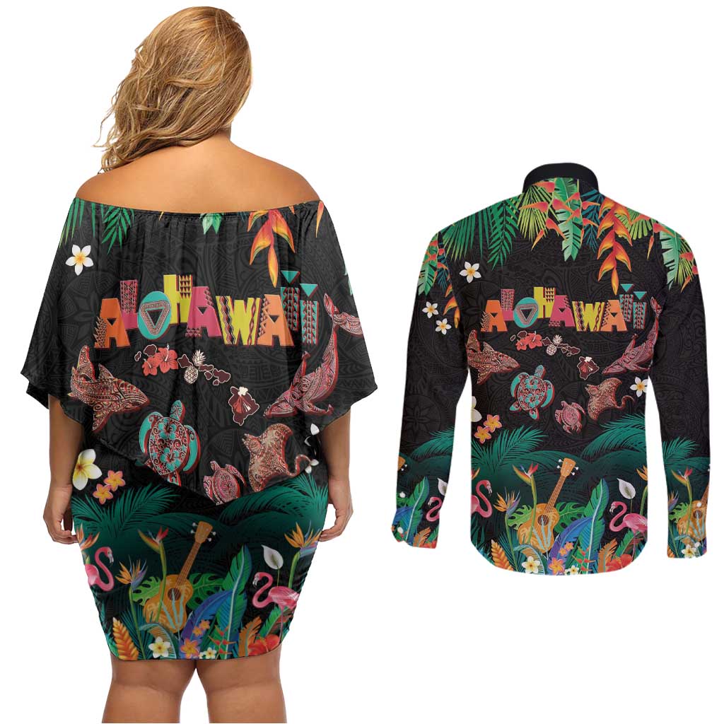 Hawaiian Alohawaii Couples Matching Off Shoulder Short Dress and Long Sleeve Button Shirt Tribal Sea Animals Tattoo and Tropical Plants LT03 - Polynesian Pride