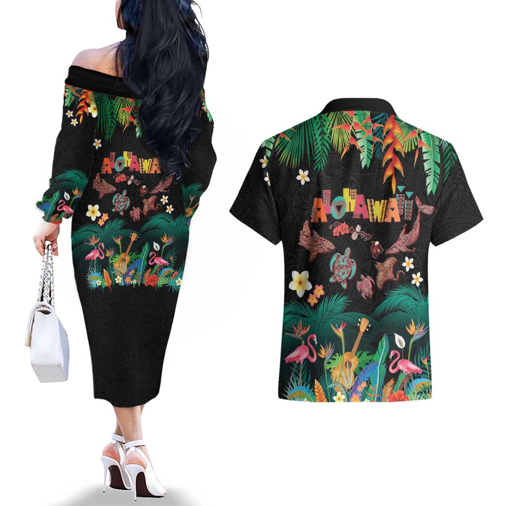 Hawaiian Alohawaii Couples Matching Off The Shoulder Long Sleeve Dress and Hawaiian Shirt Tribal Sea Animals Tattoo and Tropical Plants LT03 - Polynesian Pride