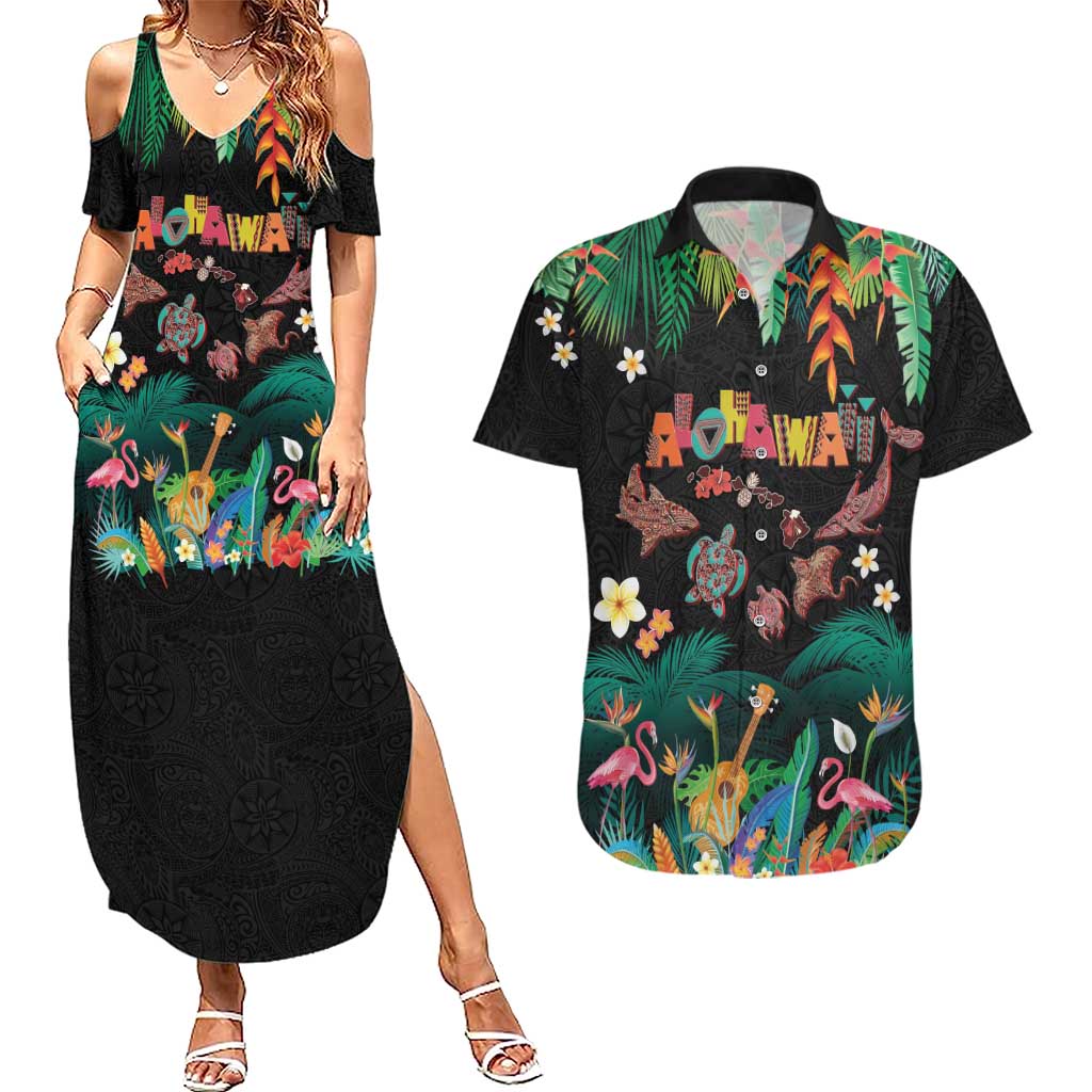 Hawaiian Alohawaii Couples Matching Summer Maxi Dress and Hawaiian Shirt Tribal Sea Animals Tattoo and Tropical Plants LT03 Black - Polynesian Pride