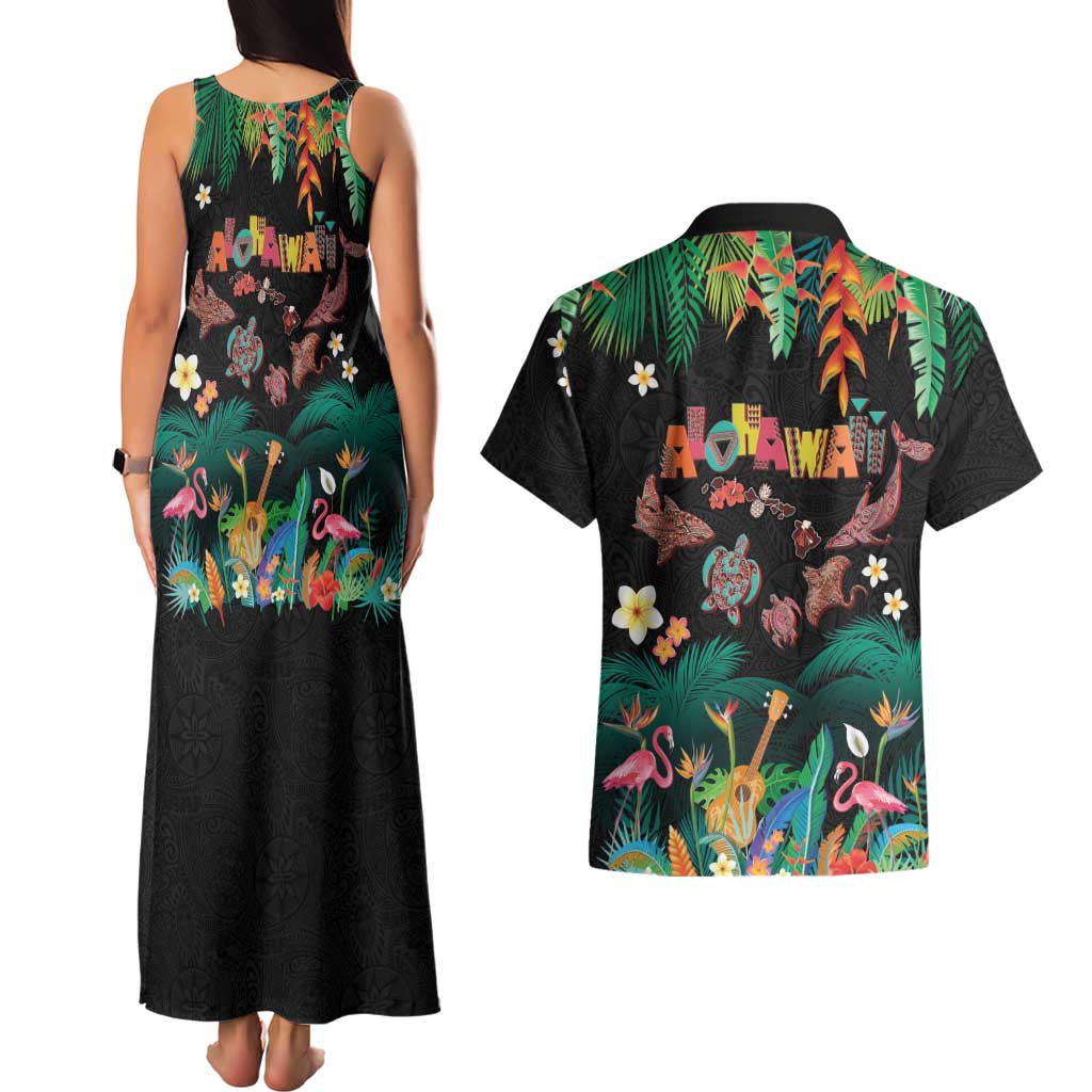 Hawaiian Alohawaii Couples Matching Tank Maxi Dress and Hawaiian Shirt Tribal Sea Animals Tattoo and Tropical Plants LT03 - Polynesian Pride