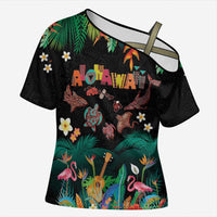 Hawaiian Alohawaii Cross Shoulder Shirt Tribal Sea Animals Tattoo and Tropical Plants LT03 Female Black - Polynesian Pride