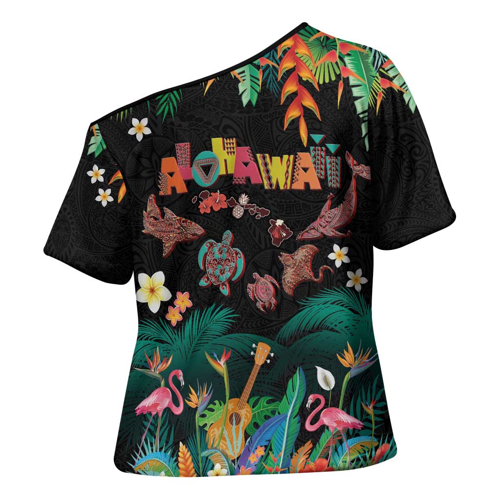 Hawaiian Alohawaii Cross Shoulder Shirt Tribal Sea Animals Tattoo and Tropical Plants LT03 - Polynesian Pride