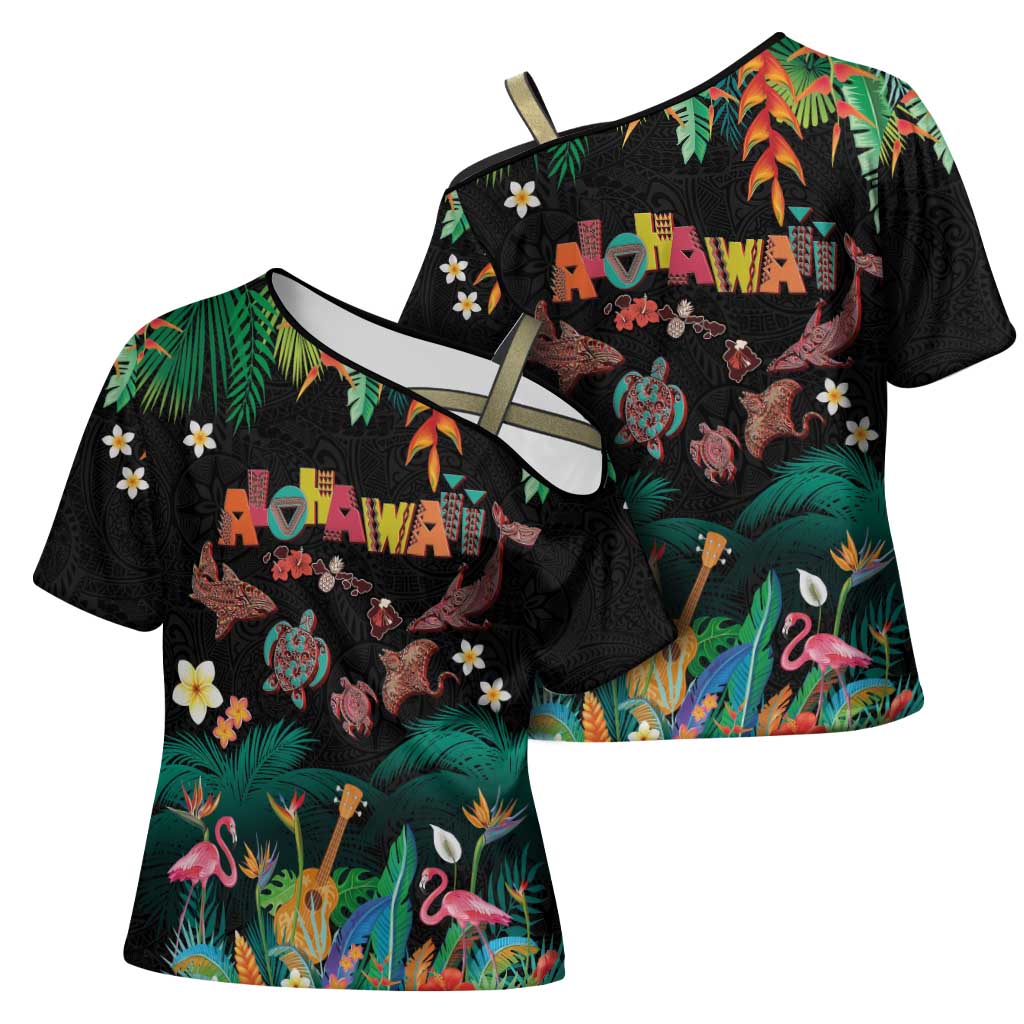 Hawaiian Alohawaii Cross Shoulder Shirt Tribal Sea Animals Tattoo and Tropical Plants LT03 - Polynesian Pride