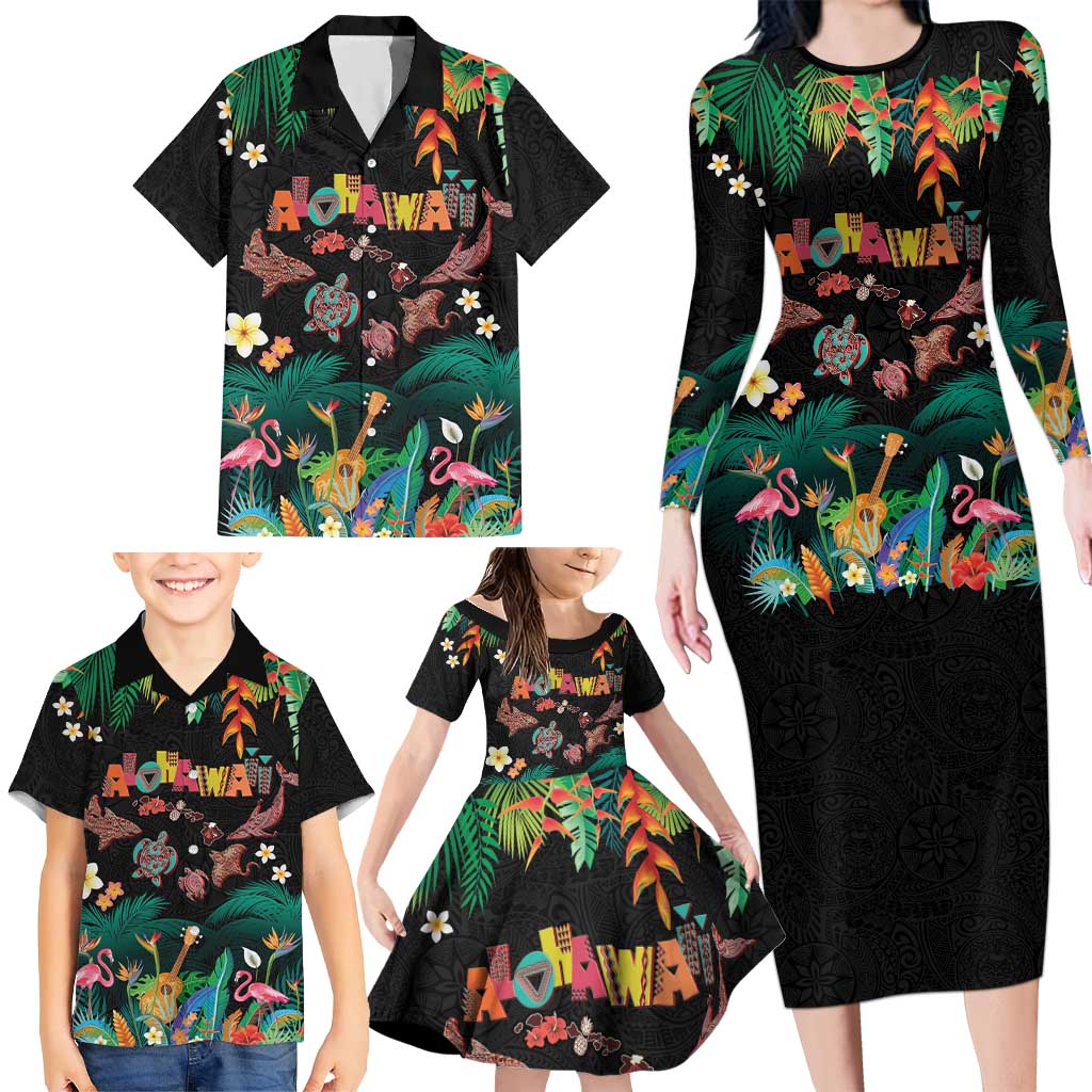 Hawaiian Alohawaii Family Matching Long Sleeve Bodycon Dress and Hawaiian Shirt Tribal Sea Animals Tattoo and Tropical Plants LT03 - Polynesian Pride