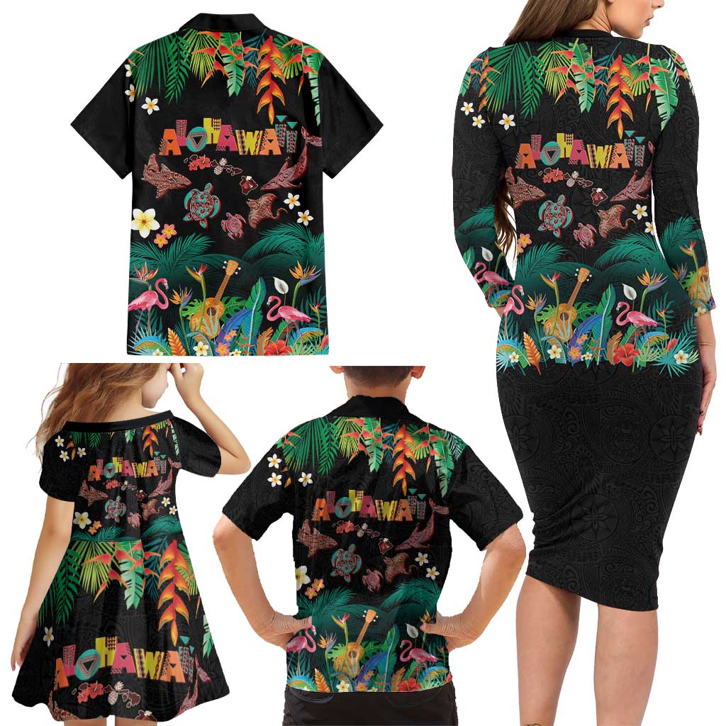 Hawaiian Alohawaii Family Matching Long Sleeve Bodycon Dress and Hawaiian Shirt Tribal Sea Animals Tattoo and Tropical Plants LT03 - Polynesian Pride
